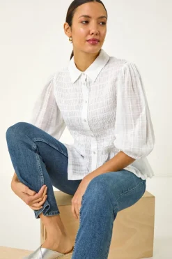 Roman Ivory Collar Shirred Button Blouse