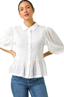 Roman Ivory Collar Shirred Button Blouse