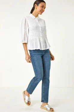 Roman Ivory Collar Shirred Button Blouse