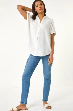 Roman Ivory Collared V Neck Pleated Top