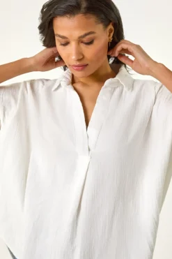 Roman Ivory Collared V Neck Pleated Top