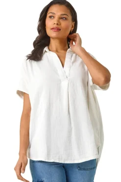 Roman Ivory Collared V Neck Pleated Top