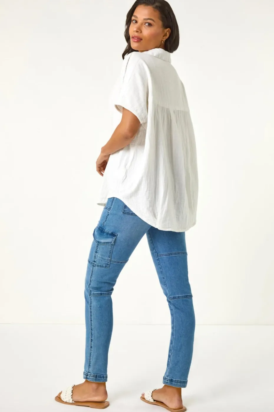 Roman Ivory Collared V Neck Pleated Top