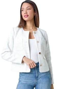 Roman Ivory Collarless Boucle Jacket