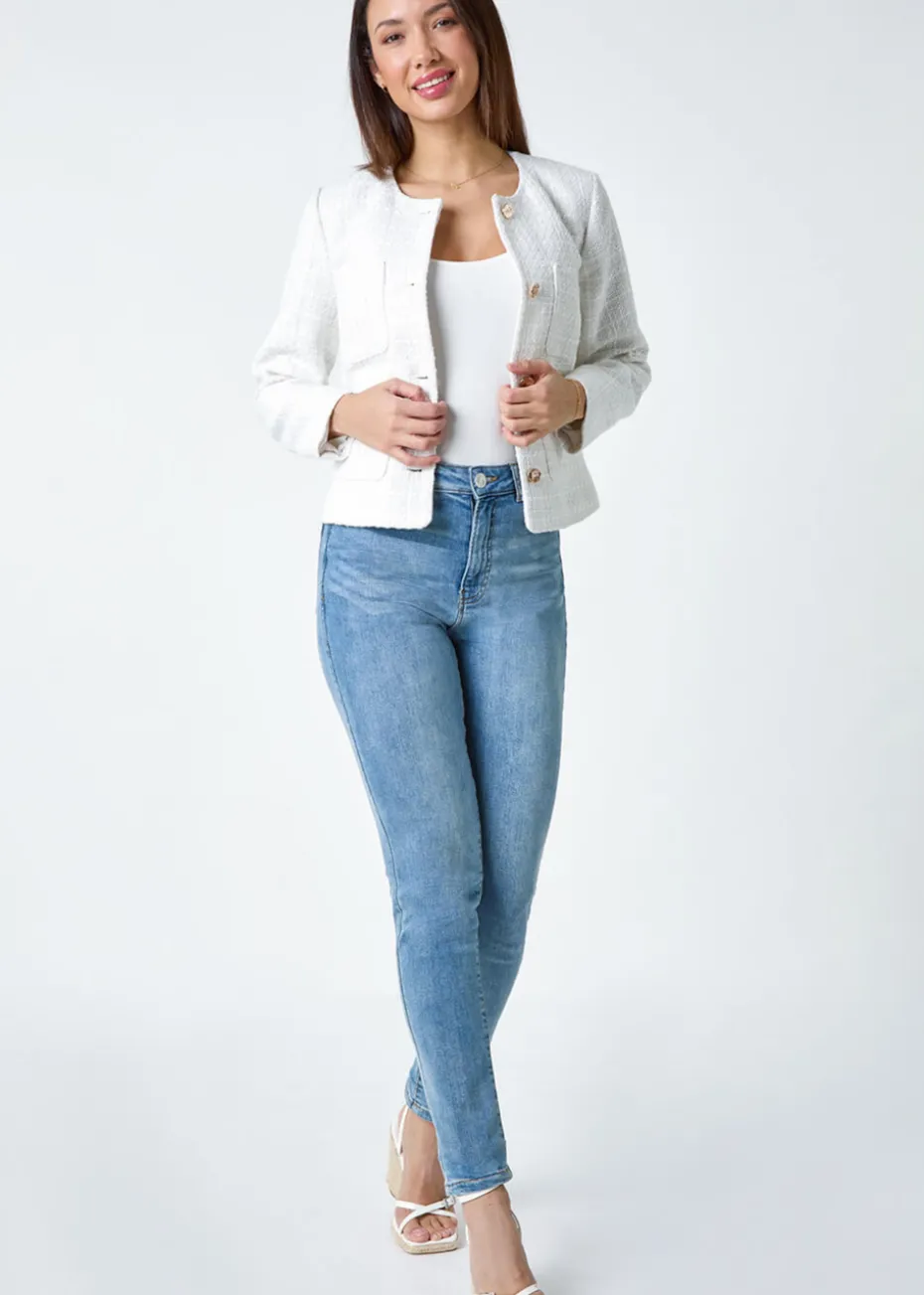 Roman Ivory Collarless Boucle Jacket