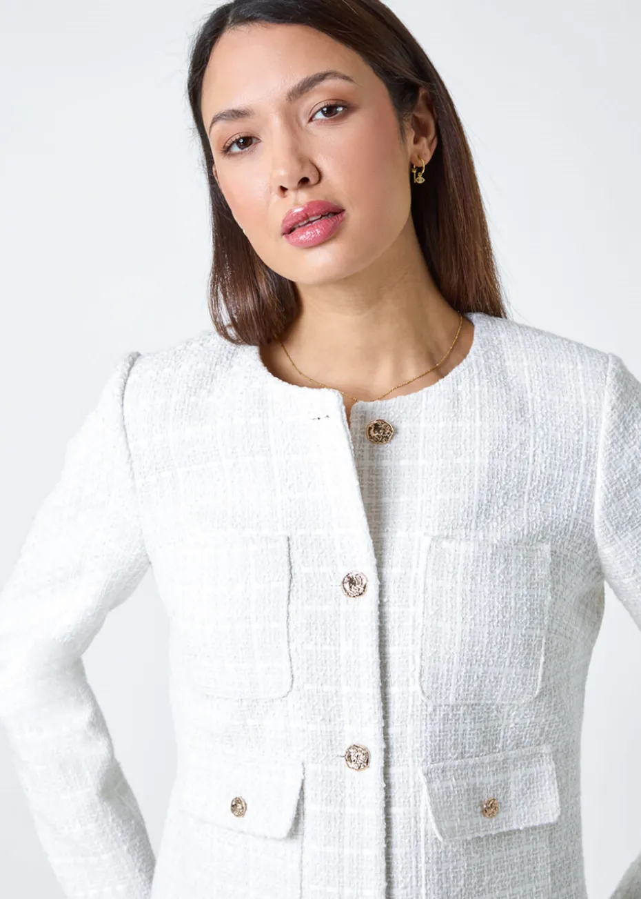 Roman Ivory Collarless Boucle Jacket