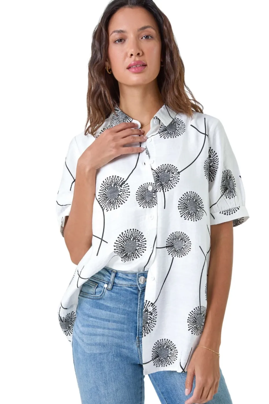 Roman Ivory Cotton Blend Dandelion Print Shirt