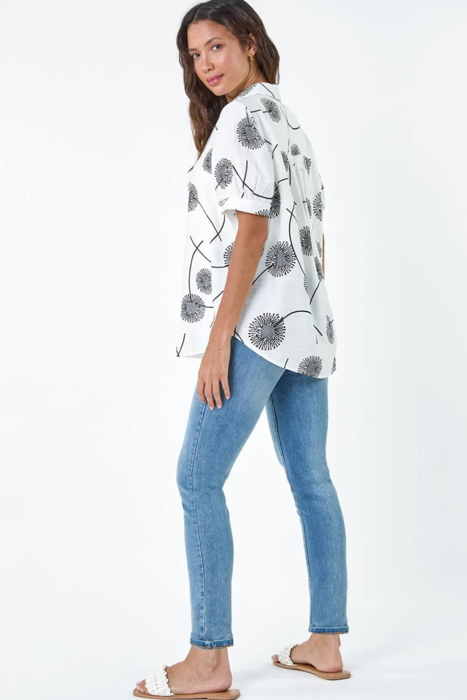 Roman Ivory Cotton Blend Dandelion Print Shirt