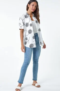 Roman Ivory Cotton Blend Dandelion Print Shirt