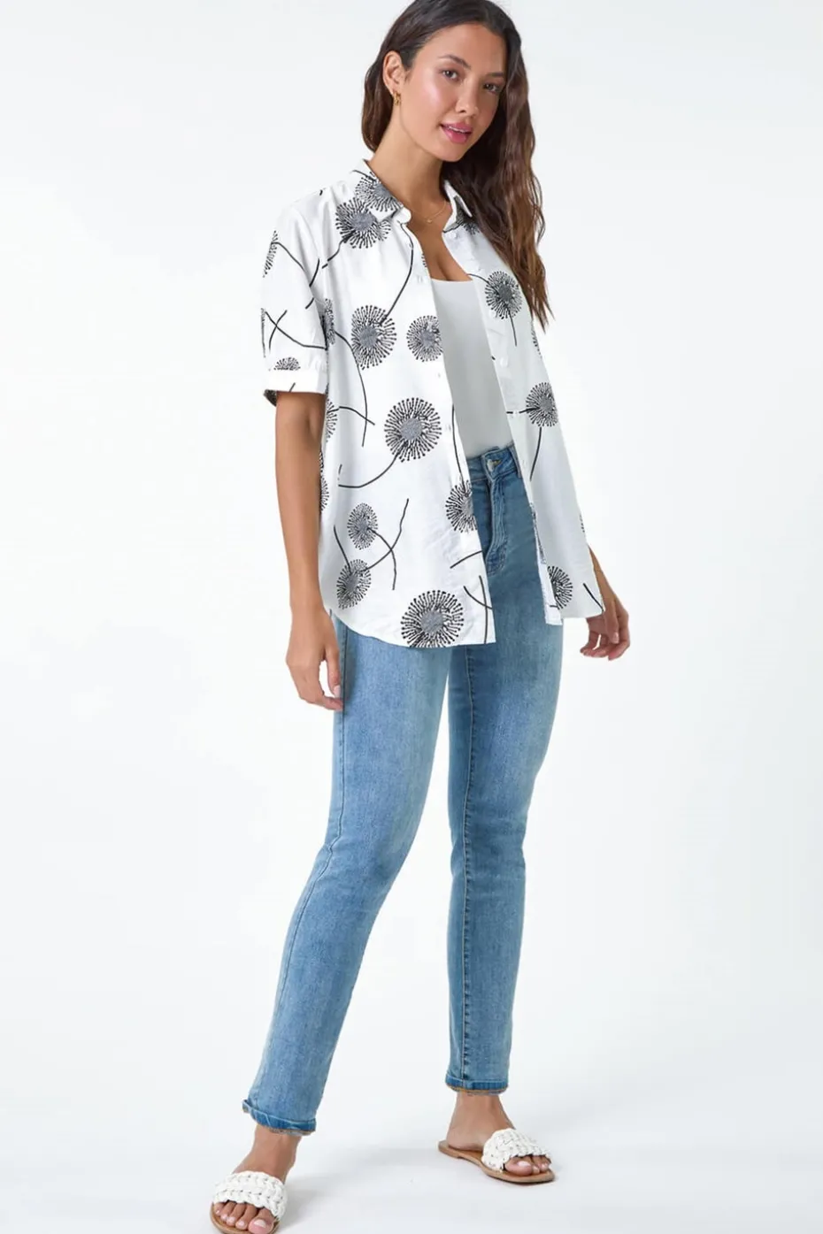 Roman Ivory Cotton Blend Dandelion Print Shirt