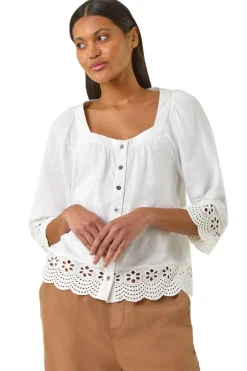 Roman Ivory Cotton Broderie Hem Blouse