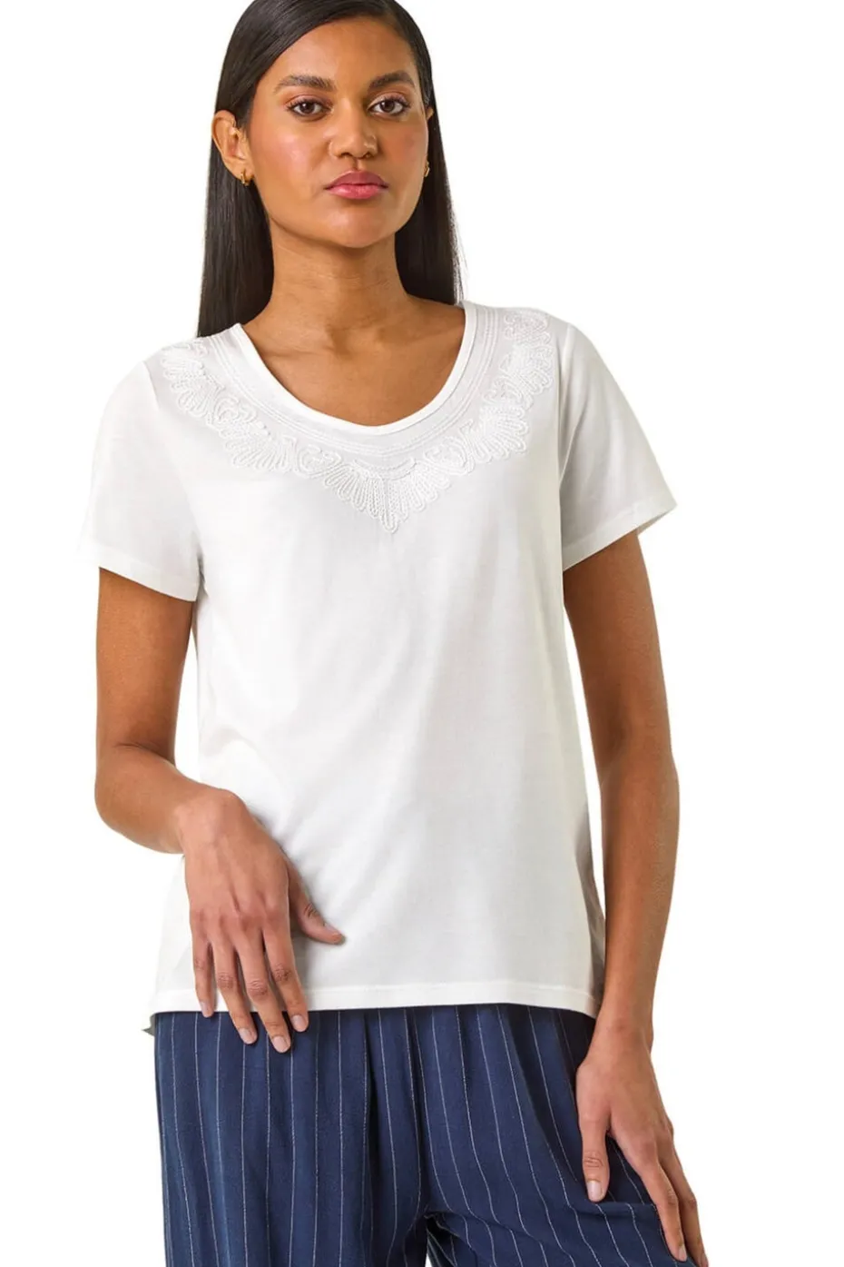 Roman Ivory Cotton Embroidery V-Neck T-Shirt
