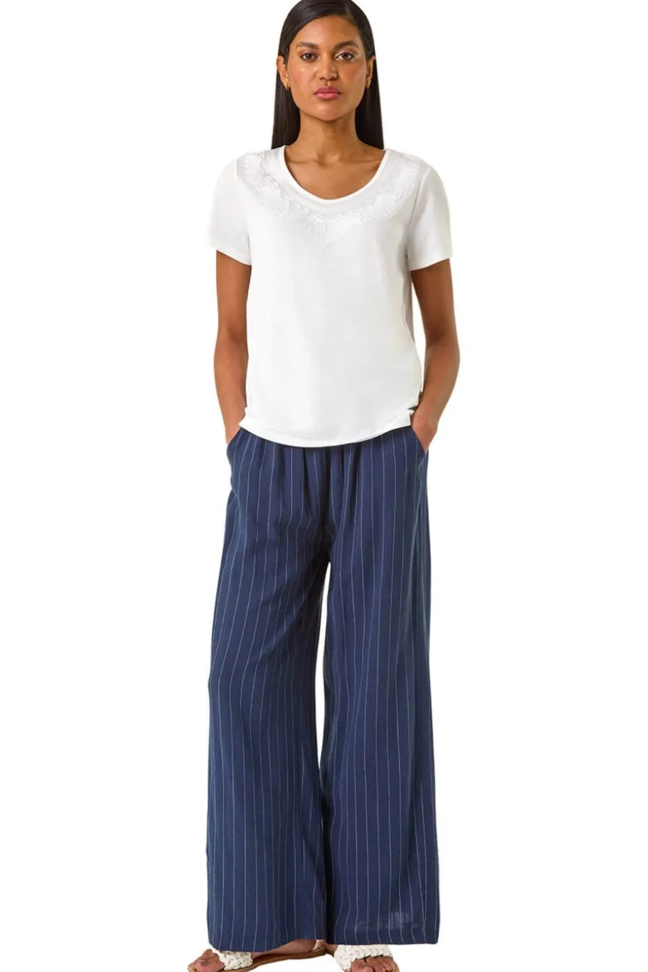 Roman Ivory Cotton Embroidery V-Neck T-Shirt