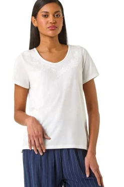 Roman Ivory Cotton Embroidery V-Neck T-Shirt