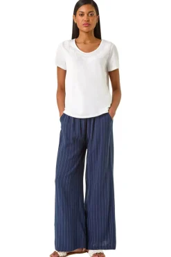 Roman Ivory Cotton Embroidery V-Neck T-Shirt