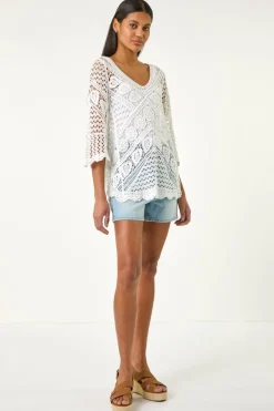 Roman Ivory Crochet Lace V-Neck Open Knit