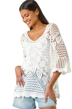 Roman Ivory Crochet Lace V-Neck Open Knit