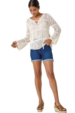 Roman Ivory Crochet Tie Front  V-Neck Tunic Top