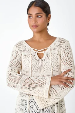 Roman Ivory Crochet Tie Front  V-Neck Tunic Top