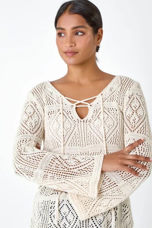 Roman Ivory Crochet Tie Front  V-Neck Tunic Top