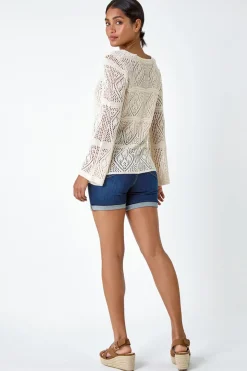 Roman Ivory Crochet Tie Front  V-Neck Tunic Top