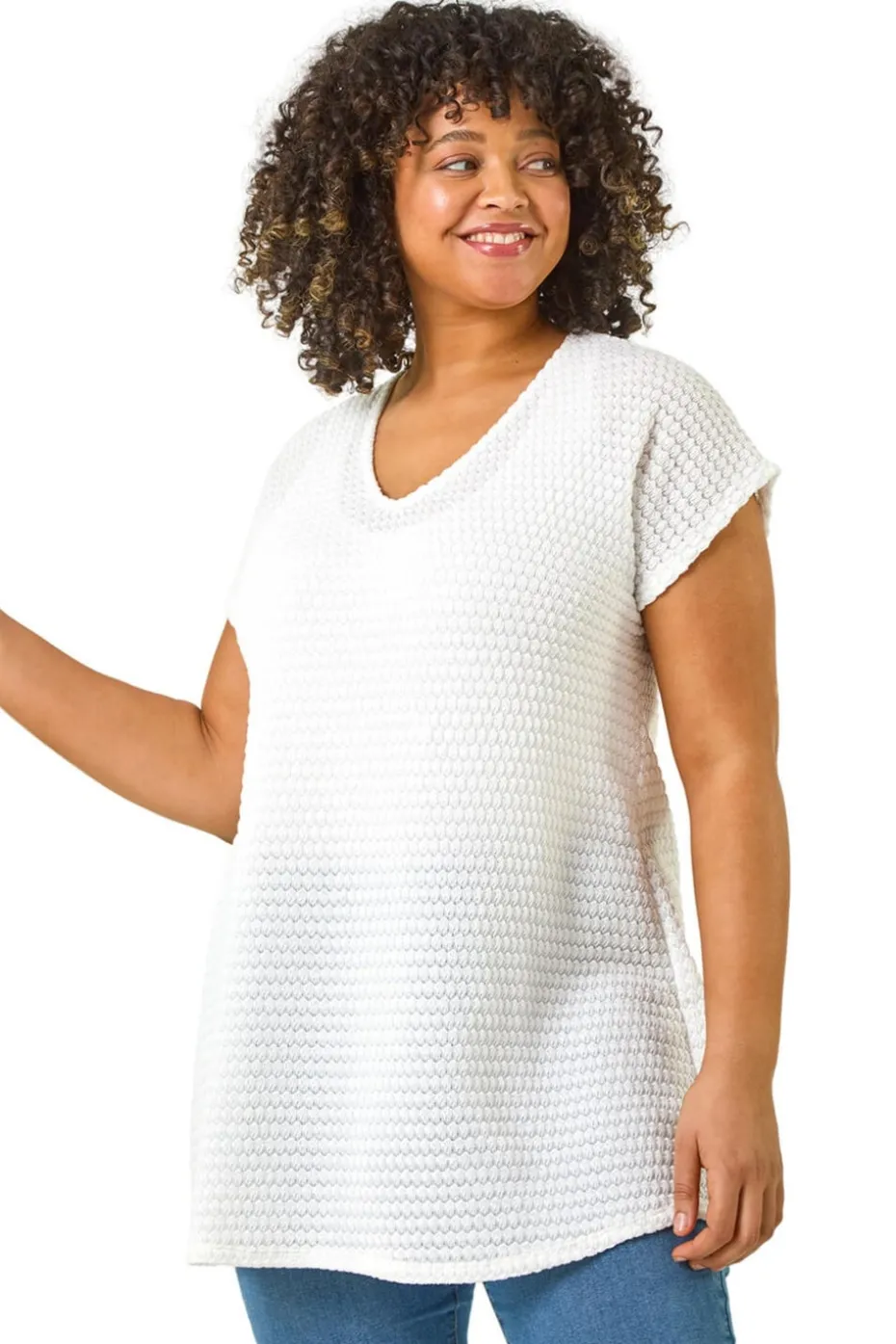 Roman Ivory Curve Crochet V-Neck Stretch Top