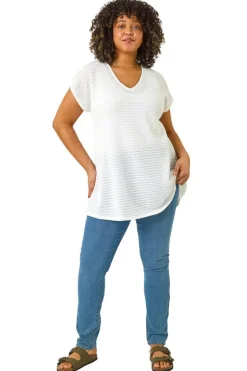 Roman Ivory Curve Crochet V-Neck Stretch Top