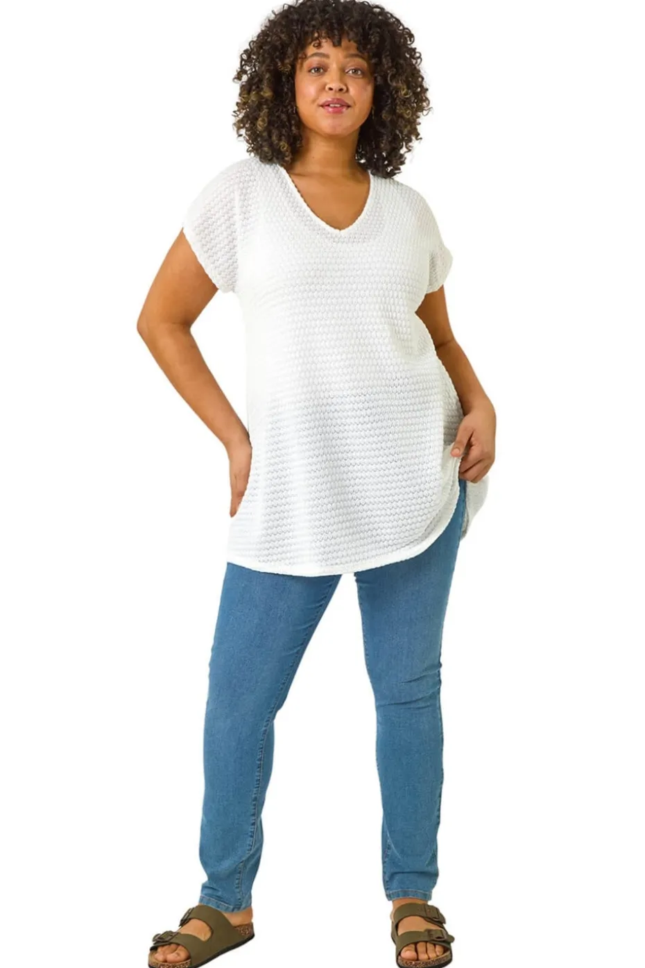 Roman Ivory Curve Crochet V-Neck Stretch Top