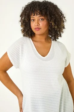 Roman Ivory Curve Crochet V-Neck Stretch Top