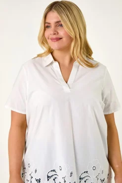 Roman Ivory Curve Floral Cut Out Woven Top