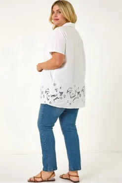 Roman Ivory Curve Floral Cut Out Woven Top