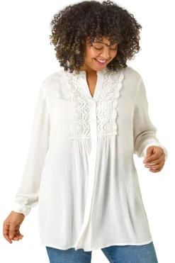 Roman Ivory Curve Lace Trim Pintuck Blouse