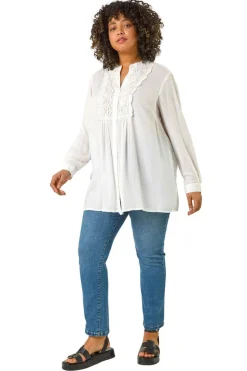 Roman Ivory Curve Lace Trim Pintuck Blouse