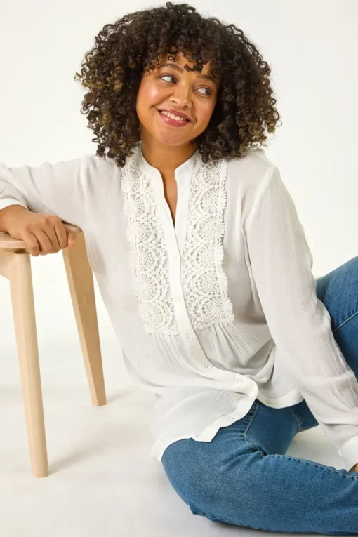 Roman Ivory Curve Lace Trim Pintuck Blouse