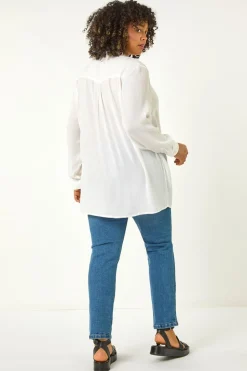 Roman Ivory Curve Lace Trim Pintuck Blouse