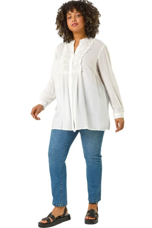Roman Ivory Curve Lace Trim Pintuck Blouse