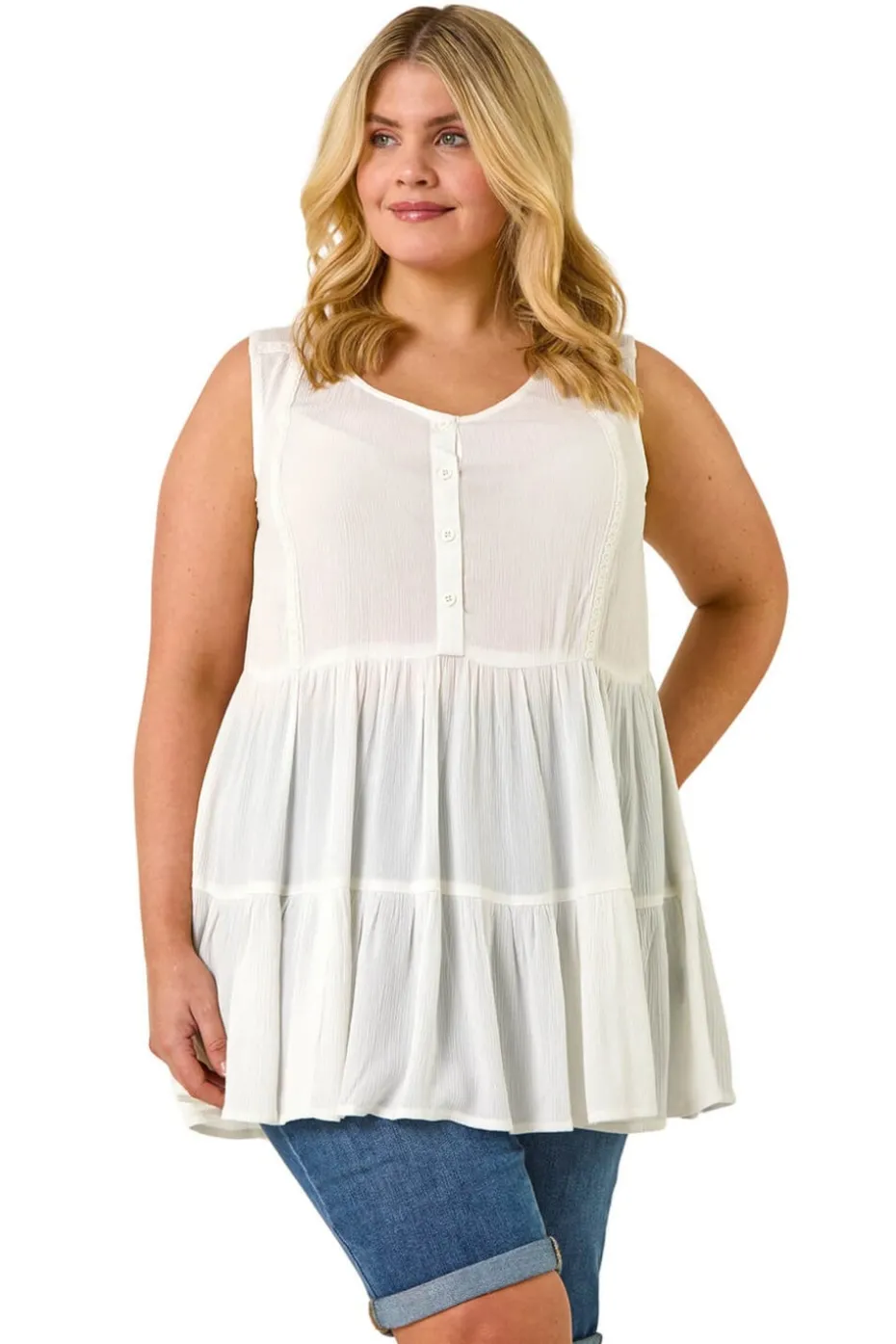 Roman Ivory Curve Lace Woven Button Vest