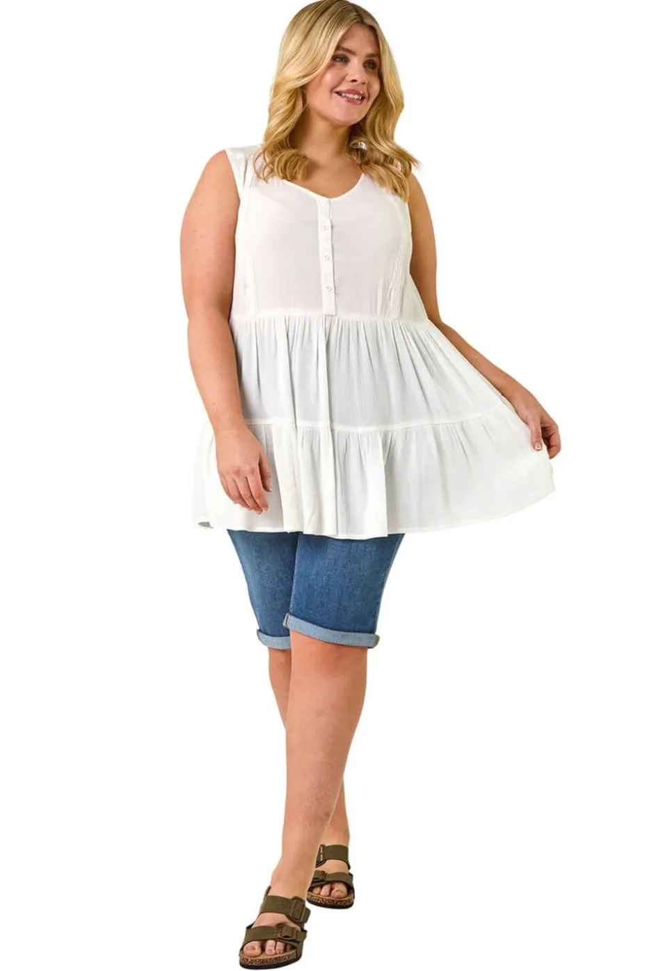 Roman Ivory Curve Lace Woven Button Vest