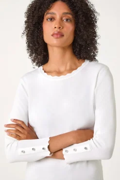Roman Ivory Diamante Button Scallop Edge Jumper