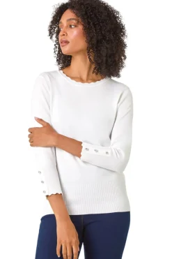 Roman Ivory Diamante Button Scallop Edge Jumper