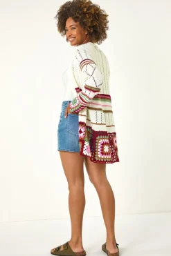 Roman Ivory Edge Crochet Detail Knit Cardigan