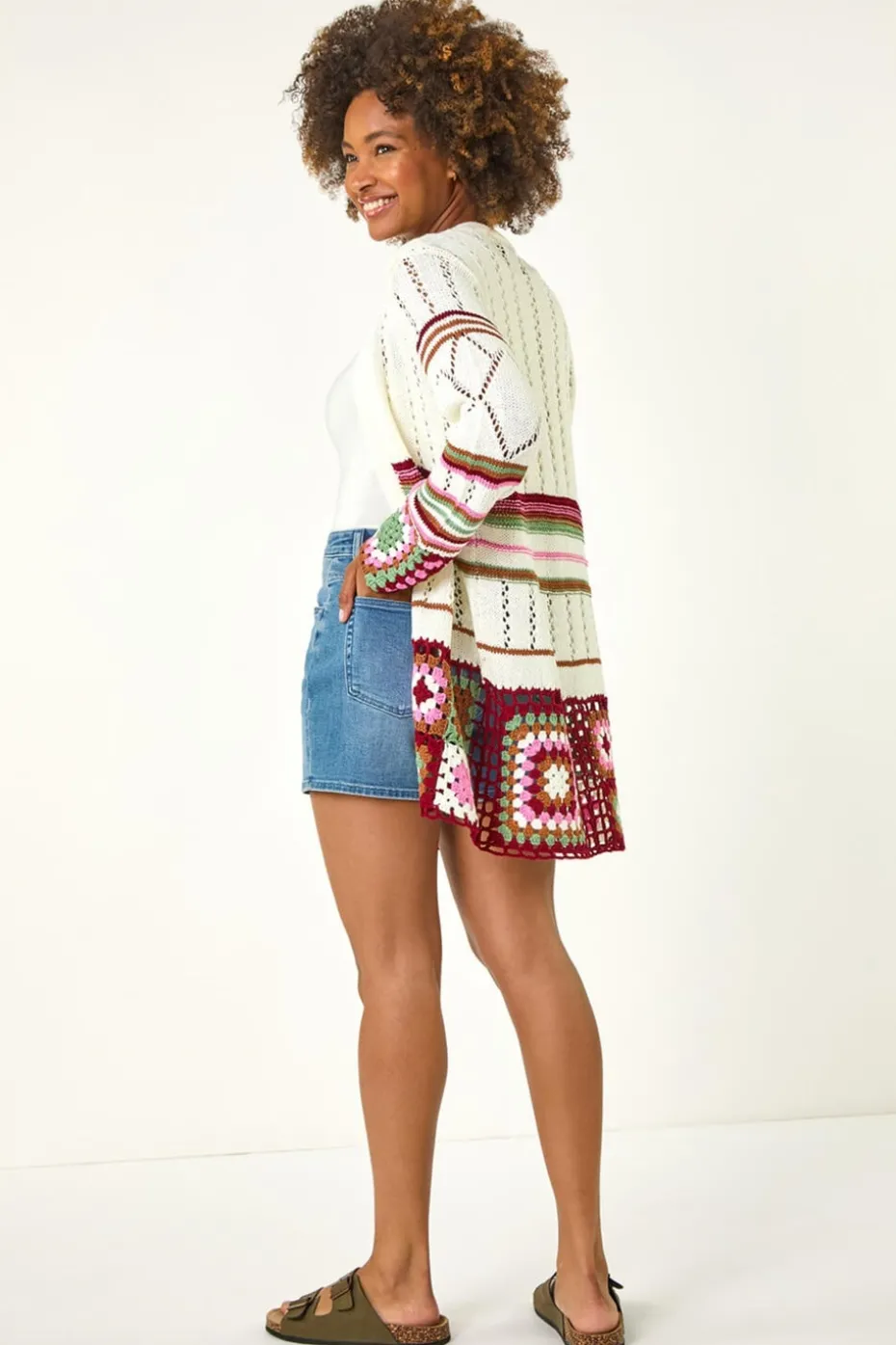 Roman Ivory Edge Crochet Detail Knit Cardigan