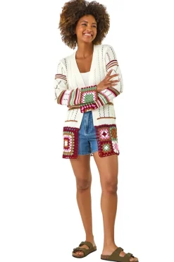 Roman Ivory Edge Crochet Detail Knit Cardigan