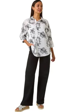 Roman Ivory Embroidered Floral Cotton Shirt