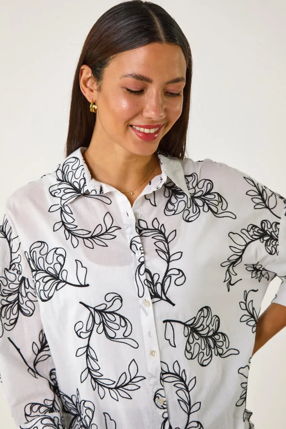 Roman Ivory Embroidered Floral Cotton Shirt