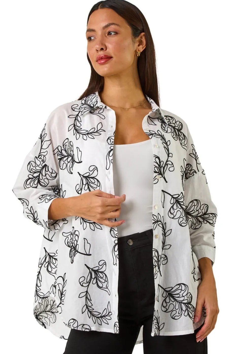 Roman Ivory Embroidered Floral Cotton Shirt