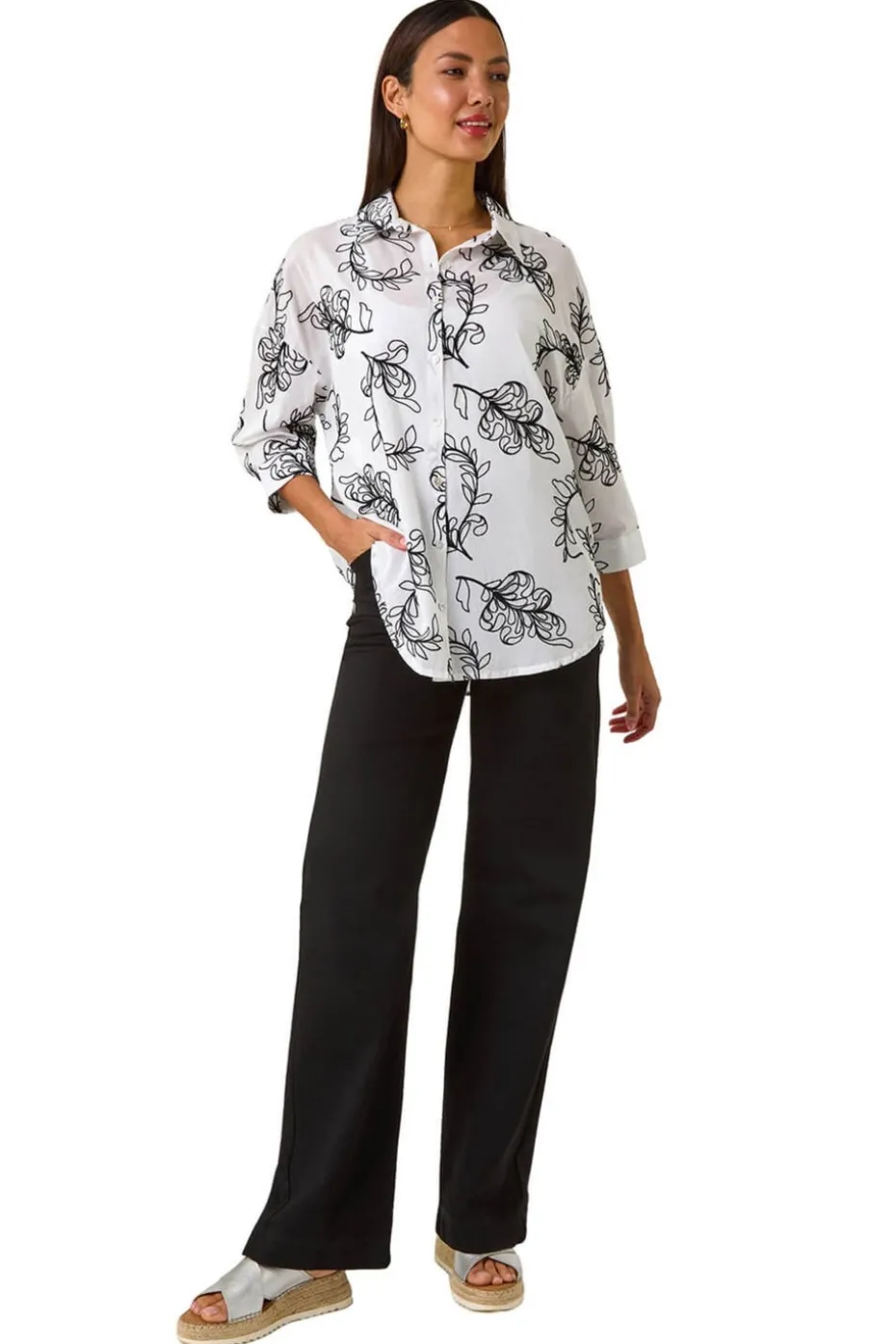 Roman Ivory Embroidered Floral Cotton Shirt