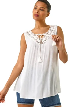 Roman Ivory Embroidered Tie Neck Vest Top