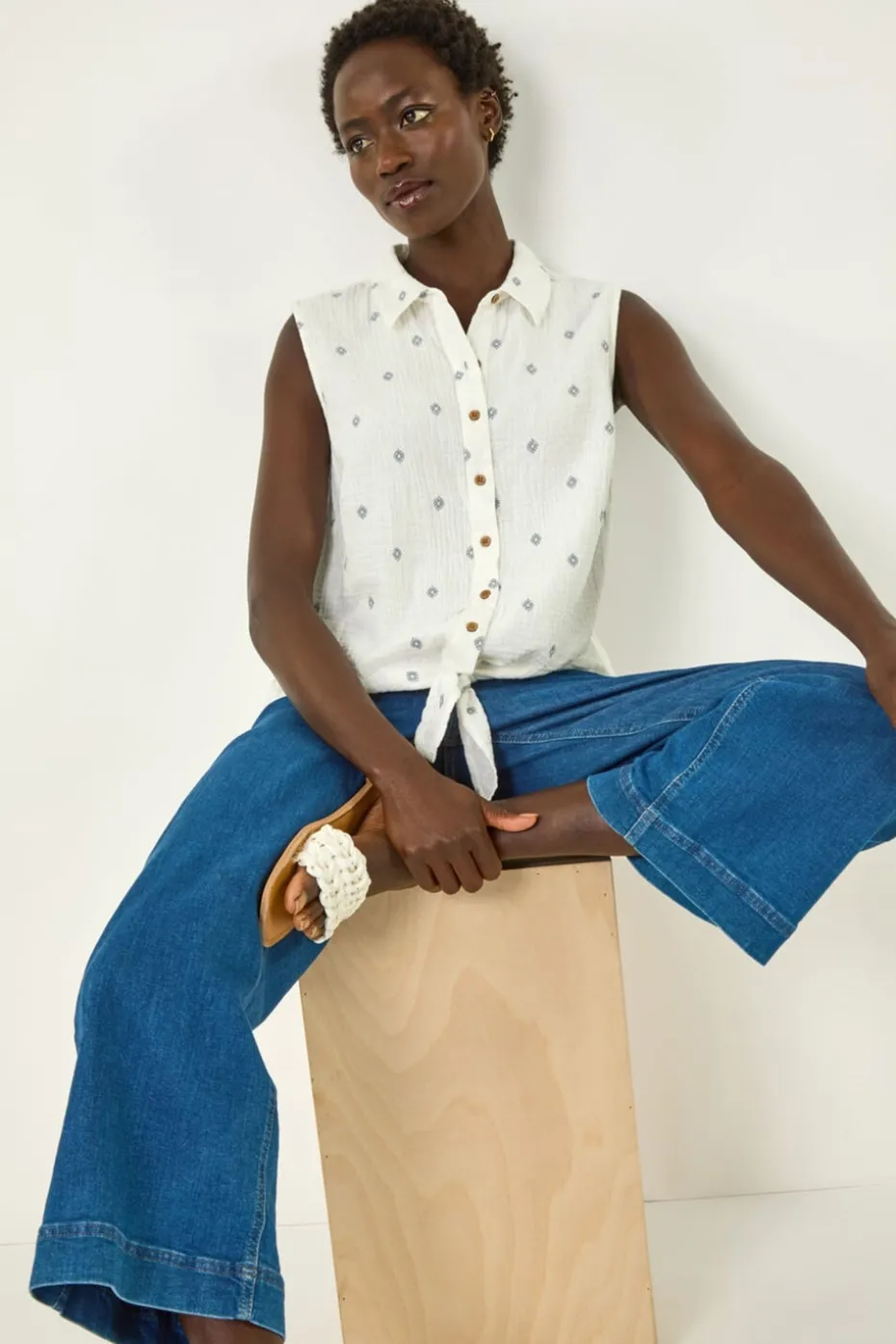 Roman Ivory Embroidered Tie Hem Blouse