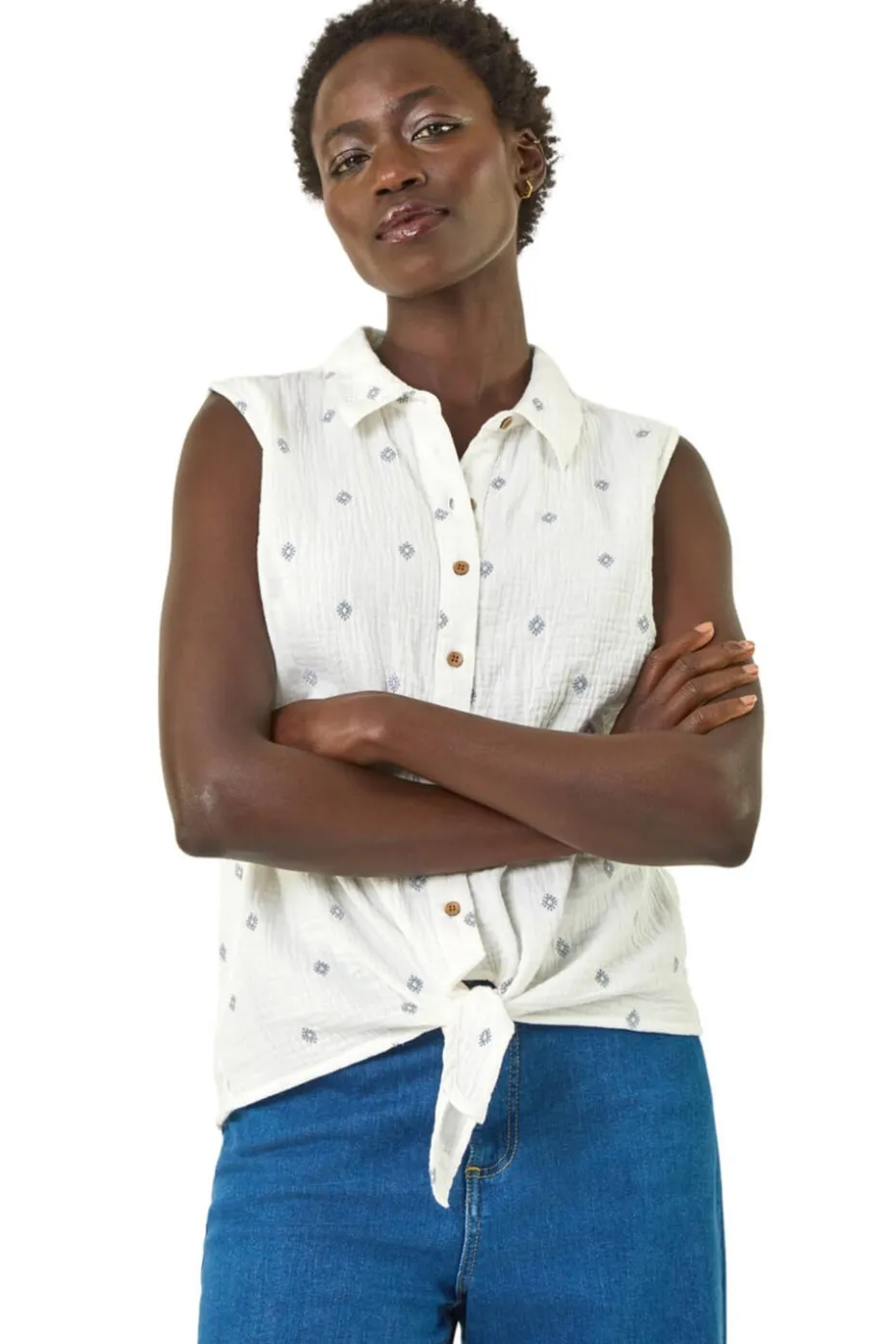 Roman Ivory Embroidered Tie Hem Blouse